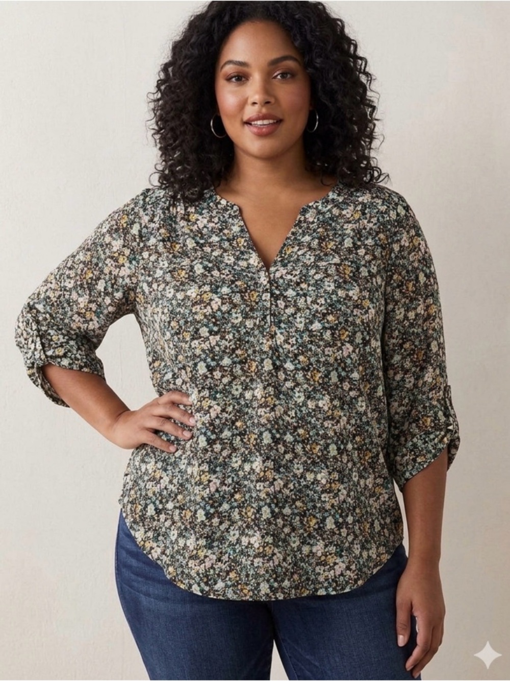 torrid Black Floral V-Neck Tunic with Pink, Mint & Yellow Accents